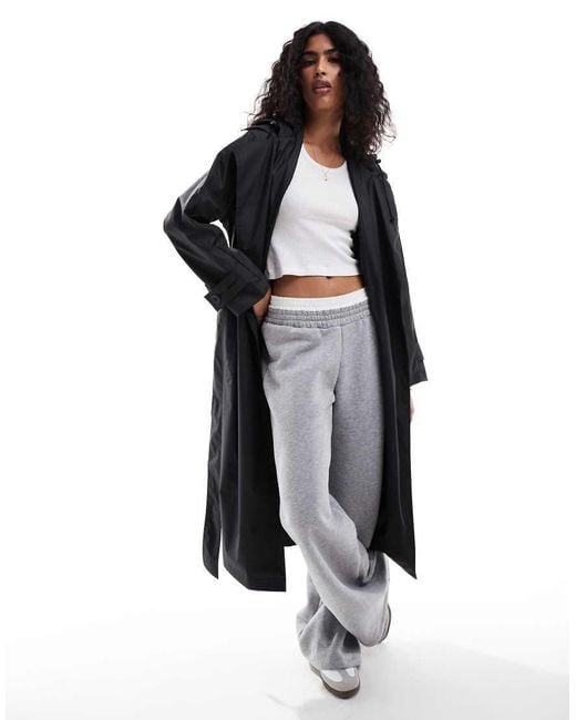 ASOS Black Rubberised Rain Hooded Trench Coat With Belt Detail