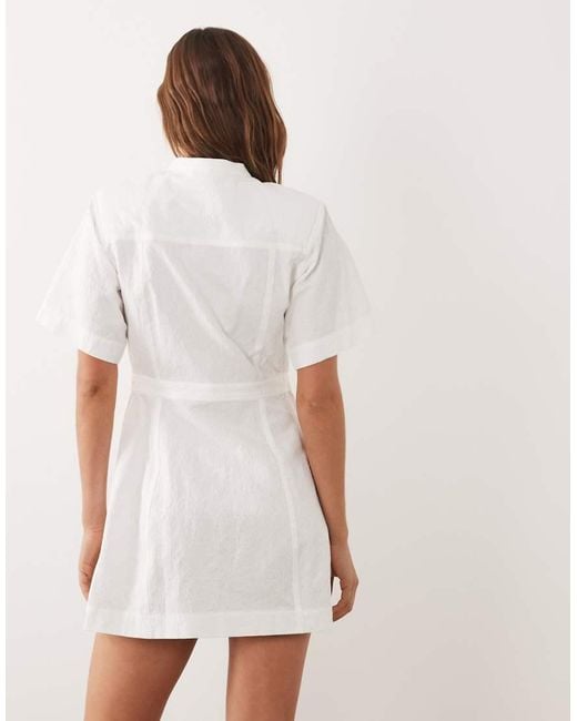 Ghospell White Jacquard Short Sleeve Wrap Bow Detail Mini Dress