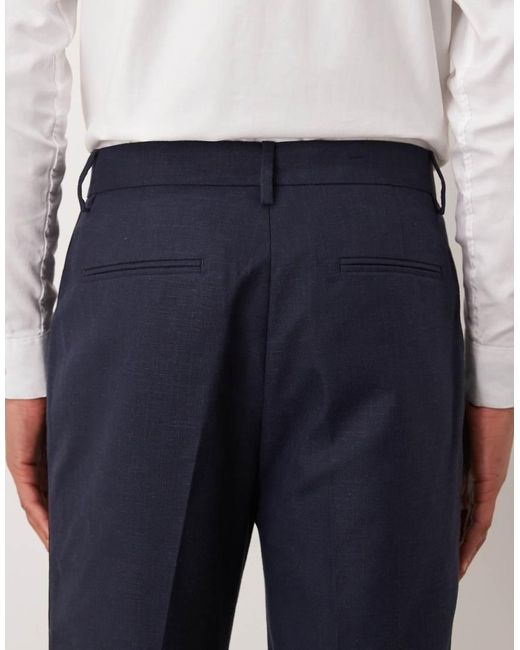 ASOS Blue Cotton Linen Blend Tapered Suit Trousers for men