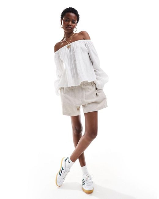 Monki White Off Shoulder Blouse With Pleated Bodice And Volume Sleeves