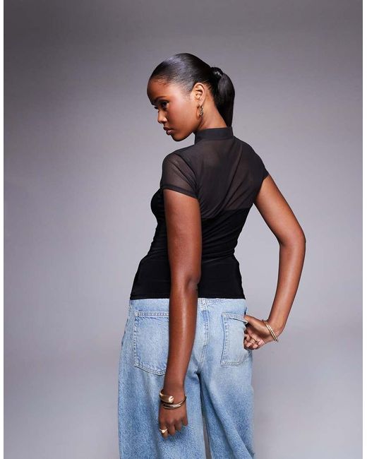 ASOS Black Premium Slinky Rouleau Loop Top With Mesh Cutout
