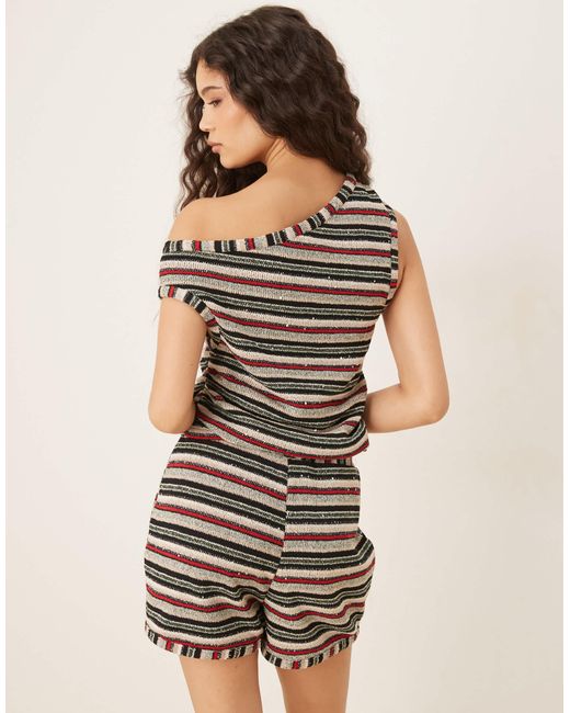ASOS Natural Co-ord Knitted Stripe One Shoulder Top With Sequin Detail