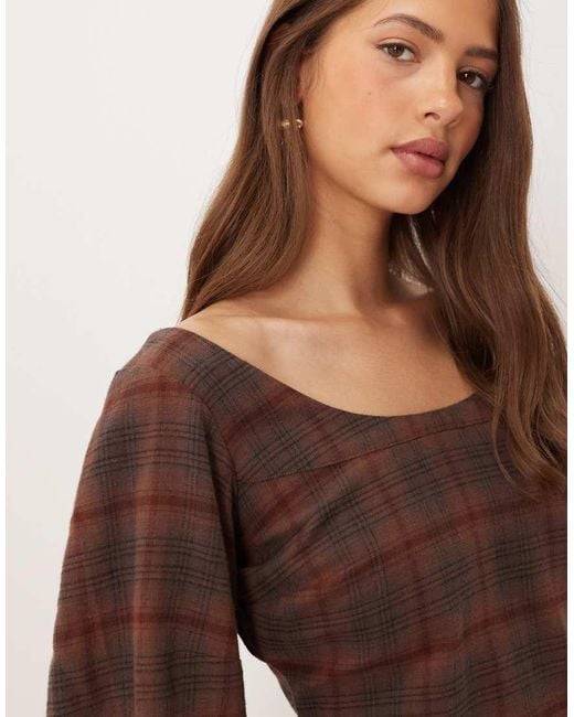 Top Marrón A Cuadros De Top Con Cuello Ancho Y Mangas Cocoon De (Parte De Un Conjunto) ASOS de color Brown