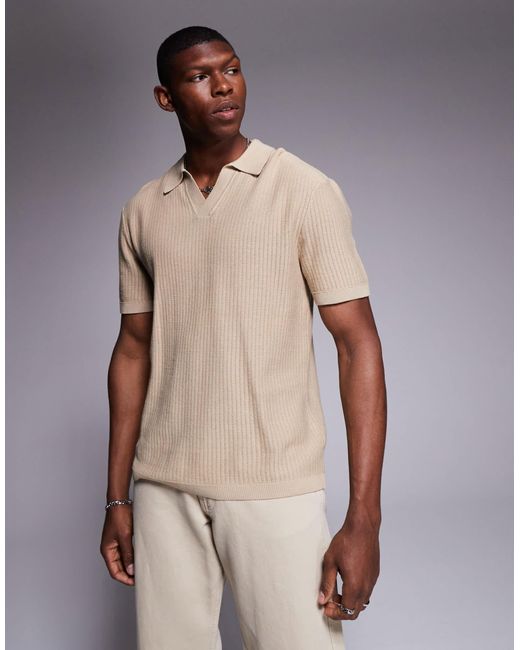 River Island Natural Fine Knit Polo With Open Collar for men