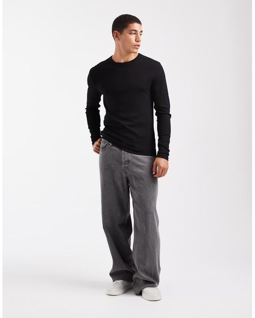 New Look Black Long Sleeve Muscle Fit Ribbed T-shirt for men