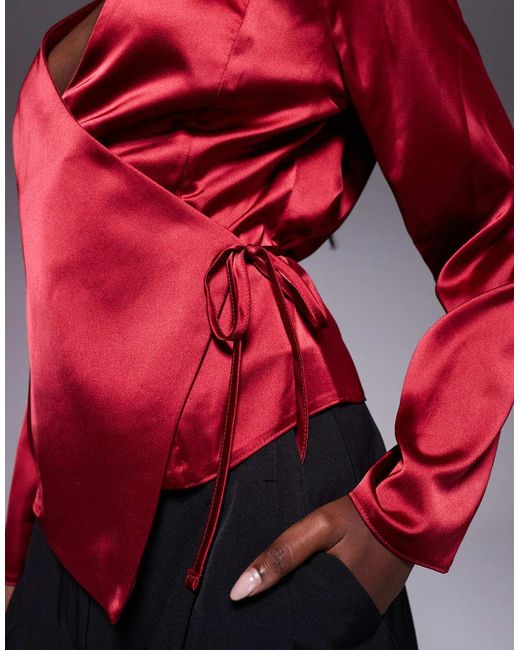 ASOS Red Satin Scarf Detail Wrap Blouse