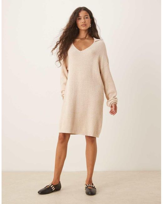 Glamorous Natural V-neck Midi Length Sweater Dress