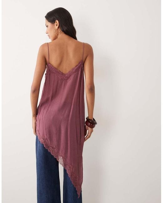 Mango Pink Asymmetric Cami Top With Lace Trim
