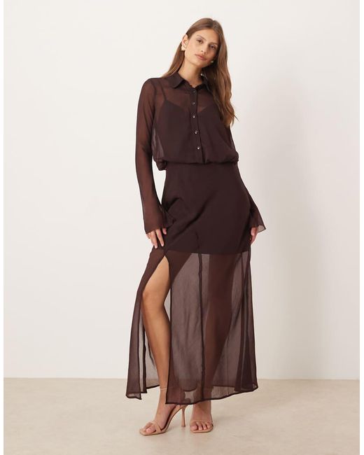 ASOS Brown Sheer Midi Shirt Dress
