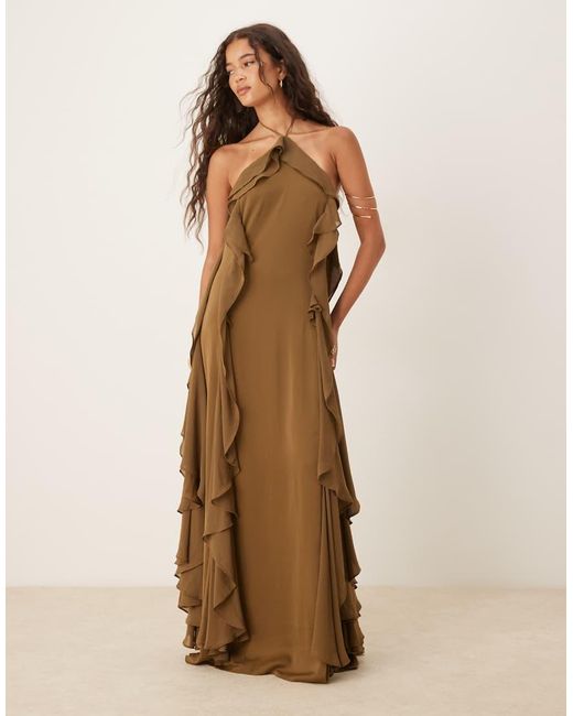 Six Stories Natural Halter Ruffle Maxi Dress