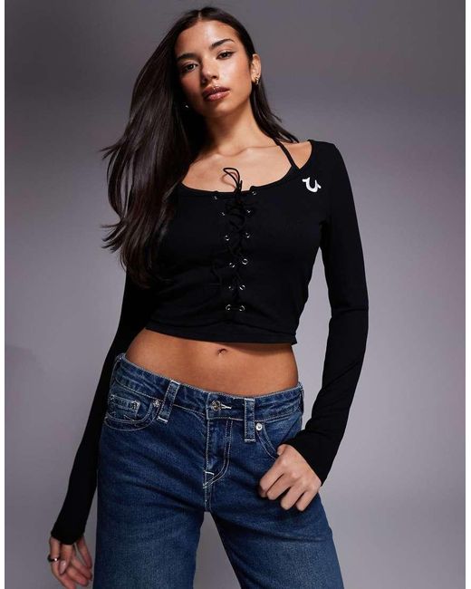 True Religion Blue Long Sleeve Ribbed Top With Halter Neck And Lace Up Detail