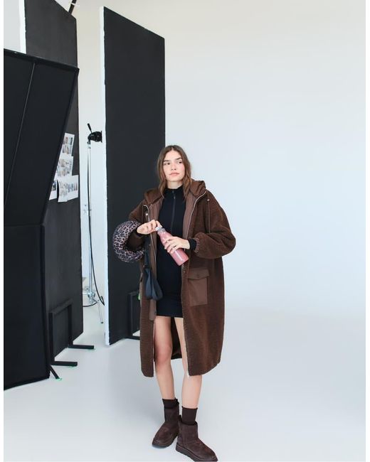 Stradivarius Brown Long Faux Shearling Lined Coat