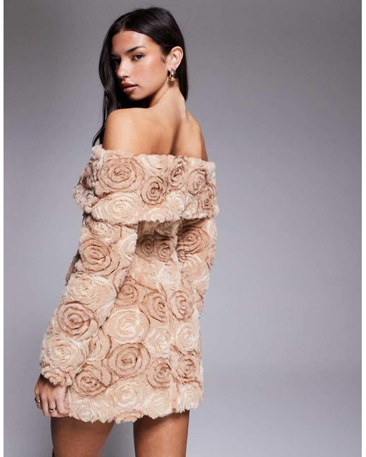 ASOS Brown Off Shoulder Faux Fur Flower Mini Dress