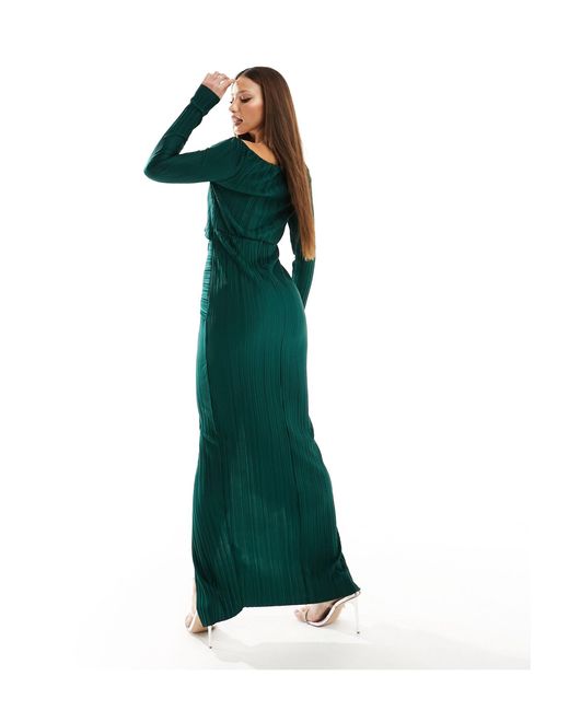 Vestido midi plisado con escote bardot y detalle retorcido en la parte delantera ASOS de color Green