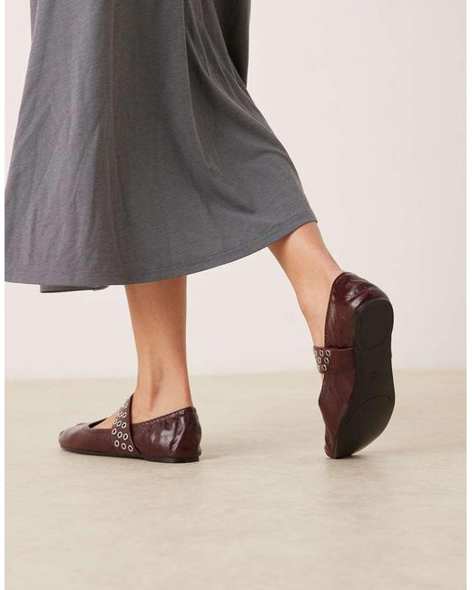 Mango Red Leather Eyelet Strap Toe Detail Flat Shoe