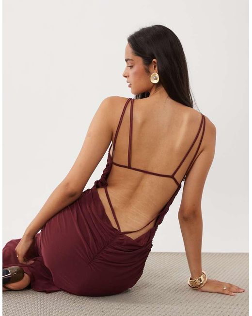 ASOS Brown Printed Mesh Slash Neck Gathered Detail Maxi Dress