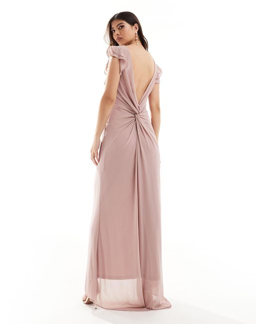 TFNC London Pink Bridesmaid Chiffon Twist Back Maxi Dress With Flutter Sleeve