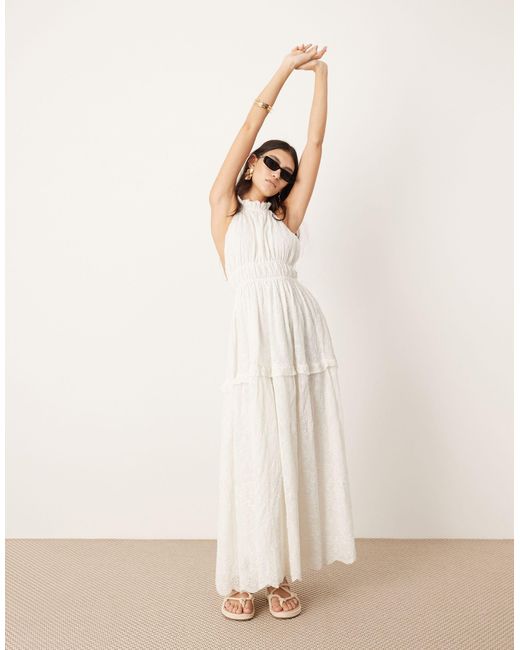 ASOS Natural Broderie Halter Maxi Dress With Open Back