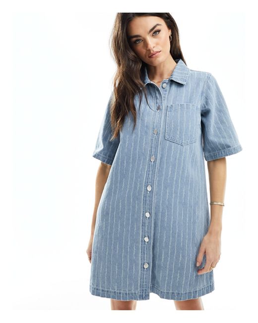 Object Blue Pinstripe Mini Shirt Dress