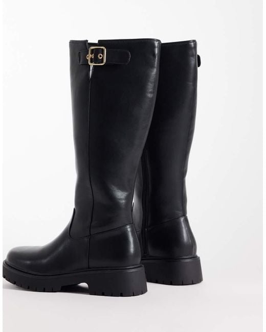 London Rebel Black Trista Chunky Knee Boots With Buckle Details