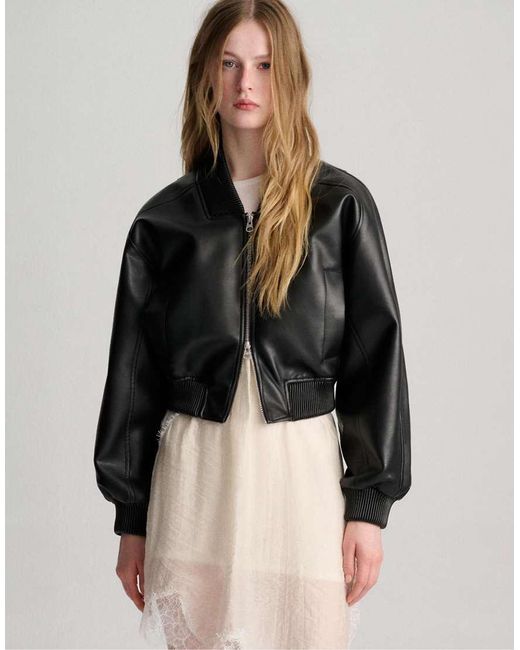 Pull&Bear Black Leather Effect Bomber Jacket