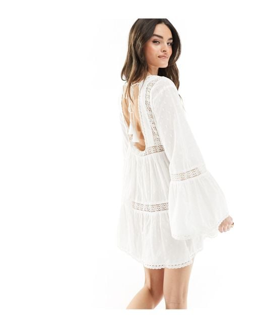 Miss Selfridge White Beach Broderie Lace Insert Fluted Sleeve Cover Up Mini Dress