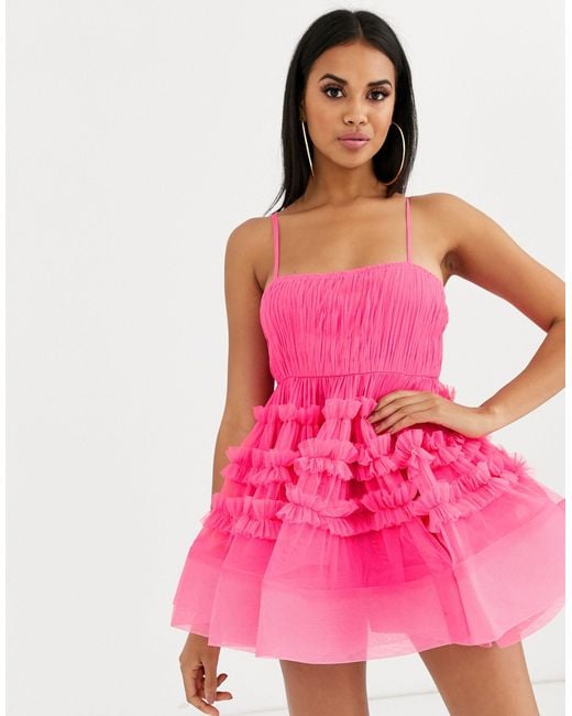 LACE & BEADS Structured Tulle Mini Dress With Built in Pink | Lyst ...