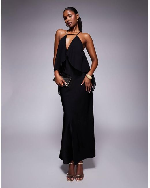 Robe longue nouée dans le dos en satin mélangé avec corsage drapé ASOS en coloris Blue