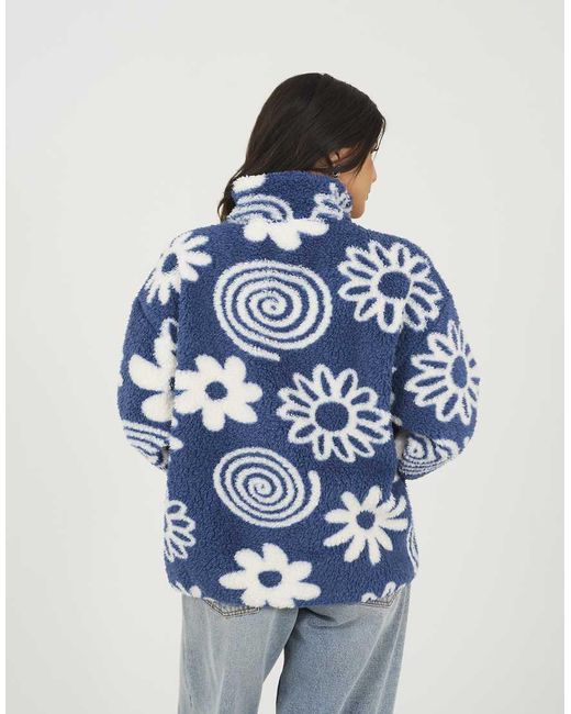 Brave Soul Blue Quarter Zip Flower Print Sherpa Fleece