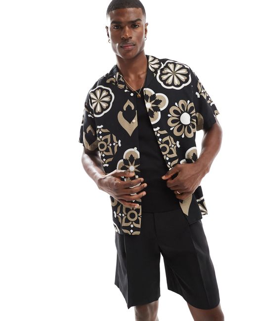 Chemise à imprimé géométrique, à manches courtes et col à revers Jack & Jones pour homme en coloris Black