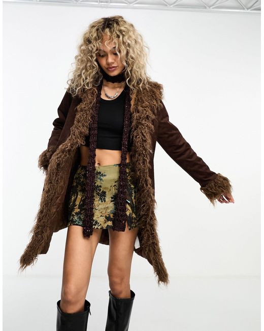 Daisy Street Brown Longline Faux Suede And Shearling Coat