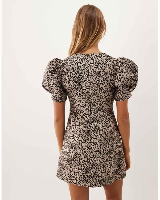 Sister Jane Gray Charmed Jacquard Round Neck Puff Sleeve Mini Dress