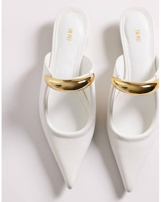 JW PEI White Helena Mules With Gold Metal Detail