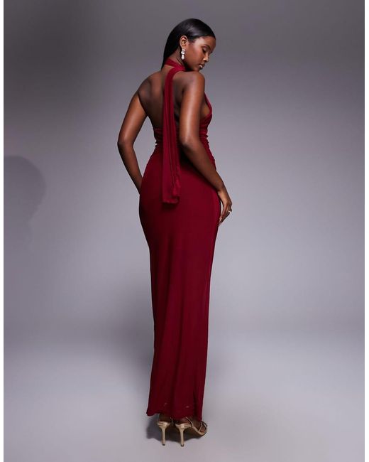 Fashionkilla Red Exclusive Mesh Overlay Neck Tie Detail Sheer Hem Maxi Dress