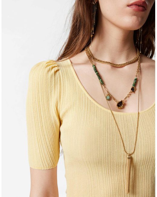 & Other Stories Metallic Knit Mixed Ribbed Top With Scoop Neck And Puff Sleeves