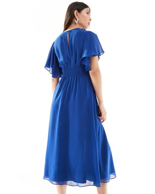 Hope & Ivy Blue Embroidered Midi Dress With Floaty Sleeves