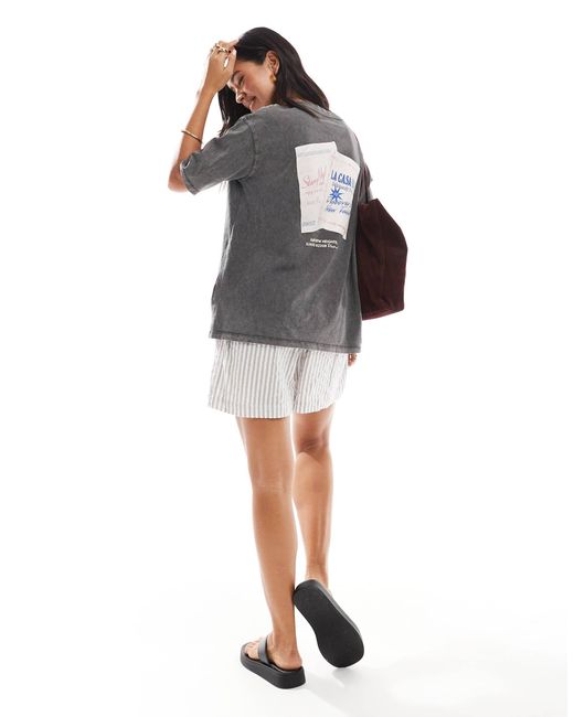 Pull&Bear Gray 'fresco Bar' Oversized Graphic Tee