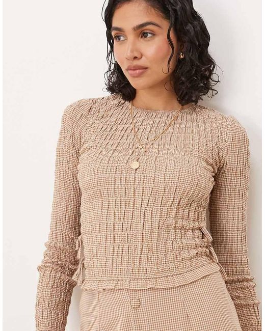 Glamorous Natural Long Sleeve Shirred Top With Tie Sides