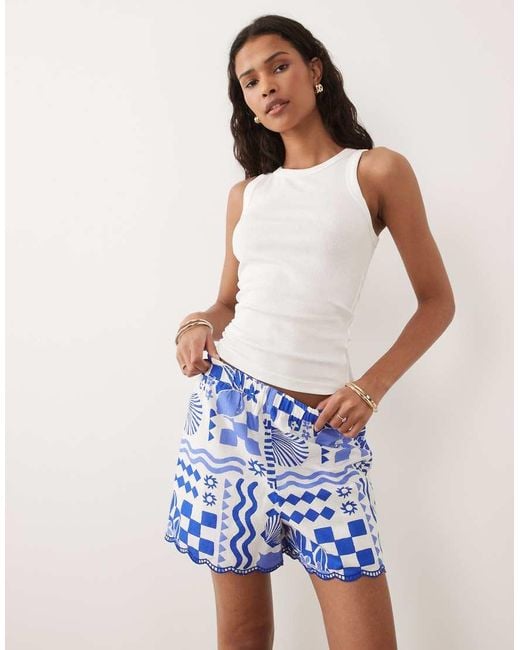 New Look Blue Shell Print Scallop Hem Short