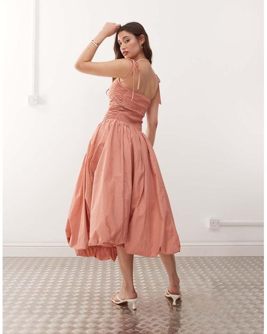 Amy Lynn Pink Alexa Tie Shoulder Puffball Nylon Midi Dress