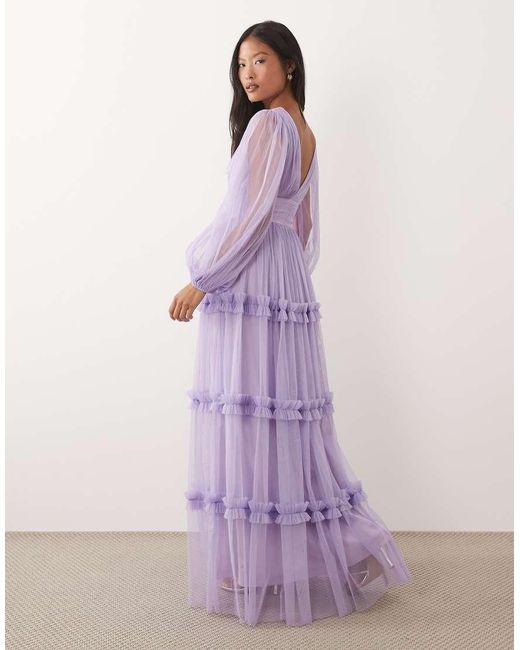 LACE & BEADS Purple Tulle V-neck Balloon Sleeve Maxi Dress