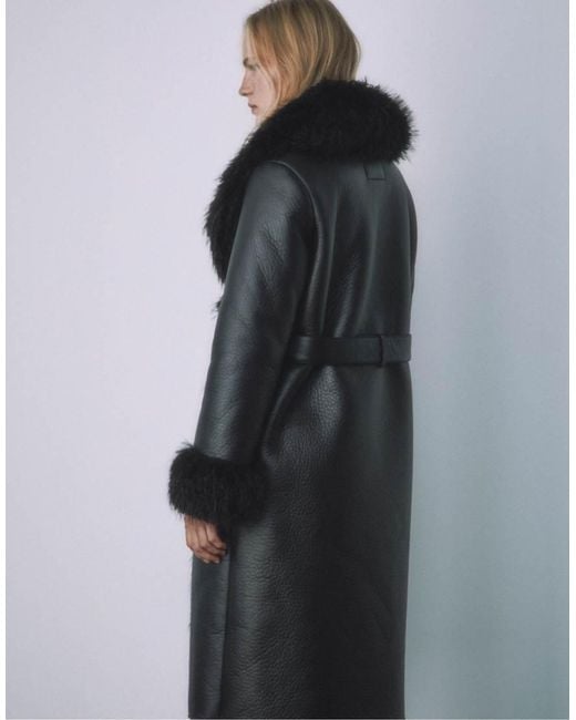 Stradivarius Black Long Coat With Faux Fur Detail
