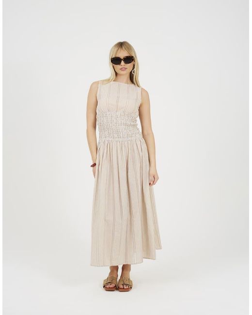 Brave Soul Natural Striped Sleeveless Smock Midi Dress