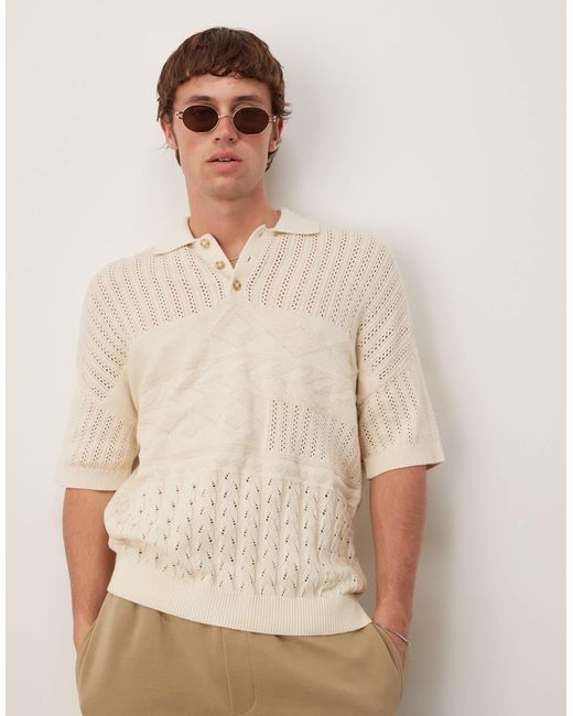 ASOS – lockeres strickpoloshirt in Natural für Herren