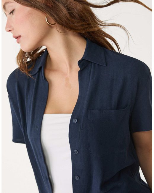 Stradivarius Blue – kurzärmlige hemdbluse aus leinenmix