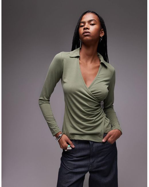 Petite - top cache-cœur à manches longues en cupro TOPSHOP en coloris Gray