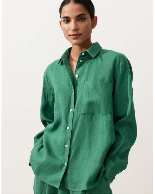 Oysho Green 100% Linen Relaxed Shirt