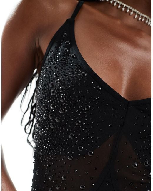 ASOS Black Sculpted Contour Mesh All Over Embellished Cami Maxi Dress