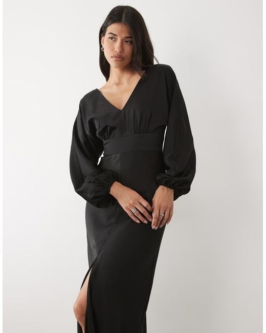 Forever New Black Satin V Neck Batwing Slit Front Maxi Dress