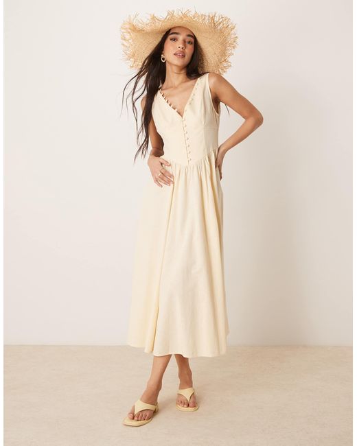 ASOS Natural V Neck Button Through Maxi Dress With Dropped Waist